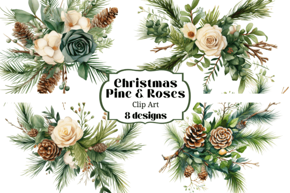 8 Christmas Pine White Roses Watercolor for Illustrations