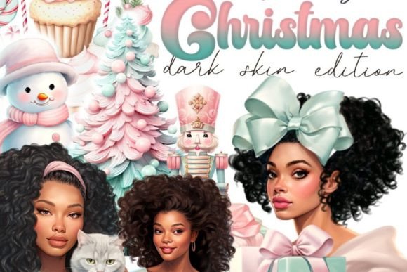 Black Girl Christmas Pastel Clipart for Modern Illustrations