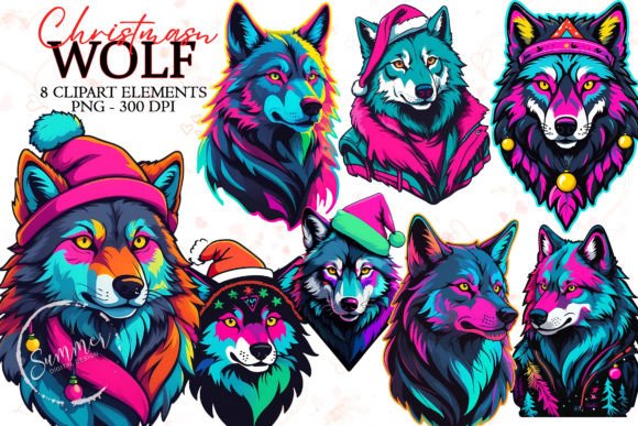 Christmas 90s Fashion Neon Wolf Stickers for Modern Illustrations
