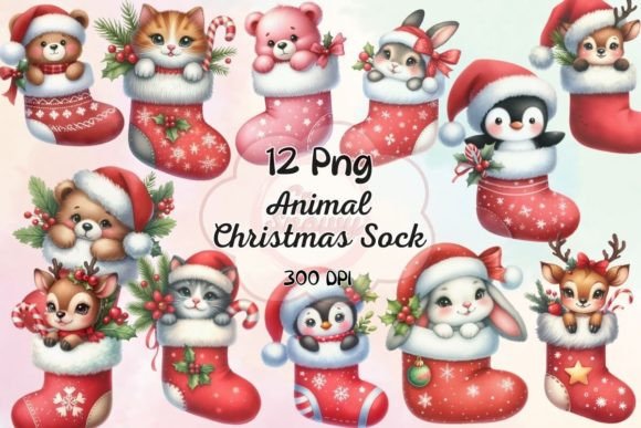Cute Animal Christmas Sock Sublimation Illustrations