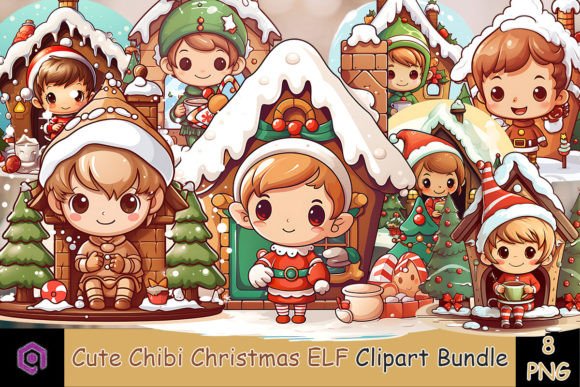 Cute Chibi Christmas ELF Clipart Bundle for Modern Illustrations