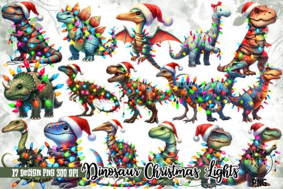 Dinosaur Wrapped with Christmas Lights Illustrations