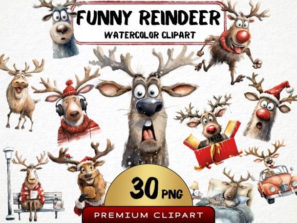 Funny Christmas Reindeer Clipart for Holiday Illustrations