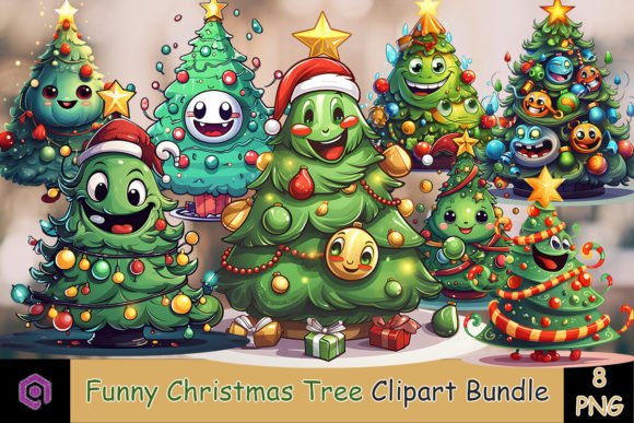 Funny Christmas Tree Clipart Bundle for Illustrations