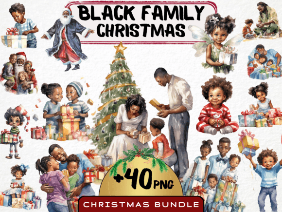 Watercolor Black Family Christmas Bundle for Crafters & Illustrations