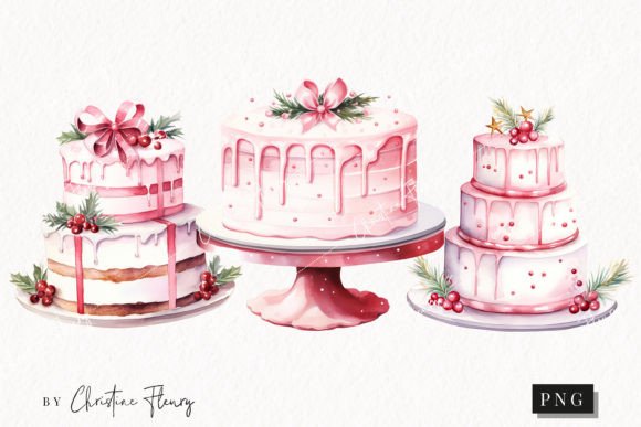 Watercolor Pink Christmas Cakes Clipart for Illustrations