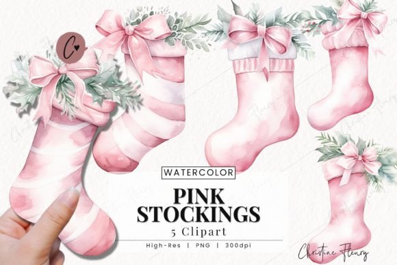 Watercolor Pink Christmas Stockings PNG for Blog Illustrations