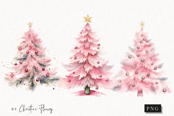 Watercolor Pink Christmas Trees Clipart Review