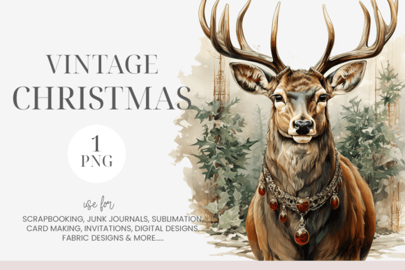 Watercolor Vintage Christmas Deer PNG for Illustrations